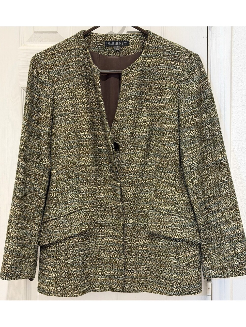 Lafayette 148 New York Women’s Blazer Jacket Size 8 Green Tweed 3 Button
